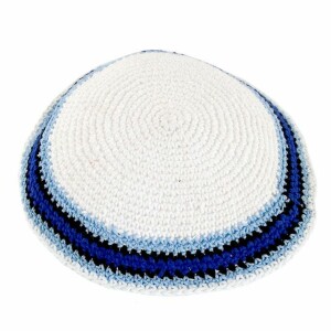 Knitted White Kippah with Parallel Blue and Black Borders