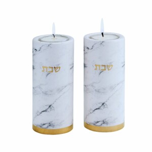 Ceramic Candlestick Set, Marble Design with Gold Accents