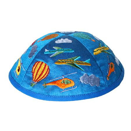 Yair Emanuel Embroidered Blue Kippah With Planes